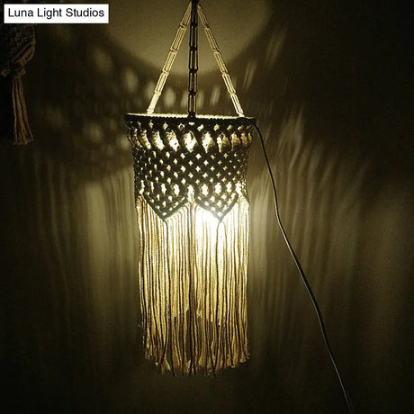 Rustic Hemp Rope Pendant Light With Criss-Cross Fringe Corridor Drop Design - 1 Head White