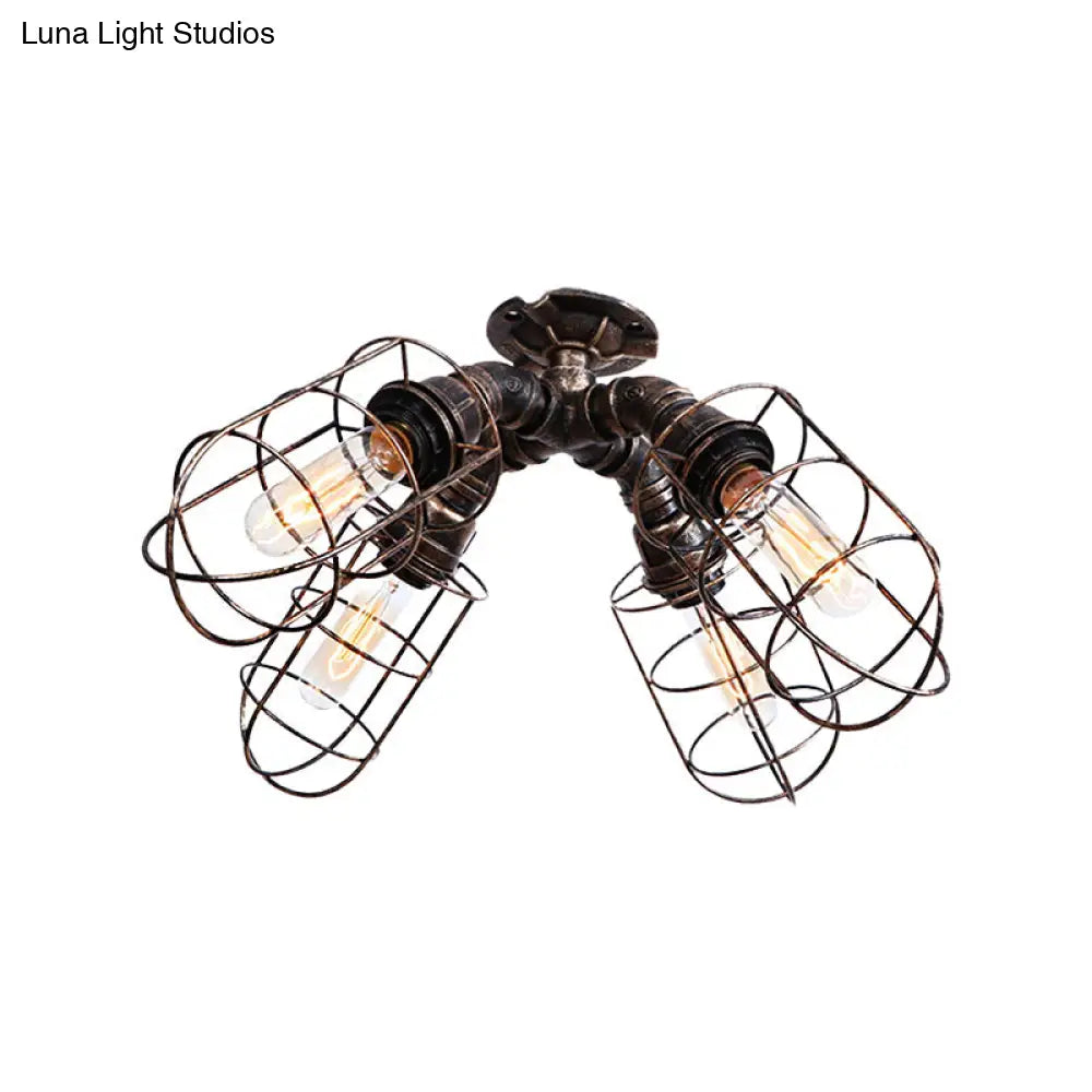 Rustic Industrial Caged Bedroom Ceiling Fixture - Semi-Flush Mount With Pipe Design Bronze/Aged