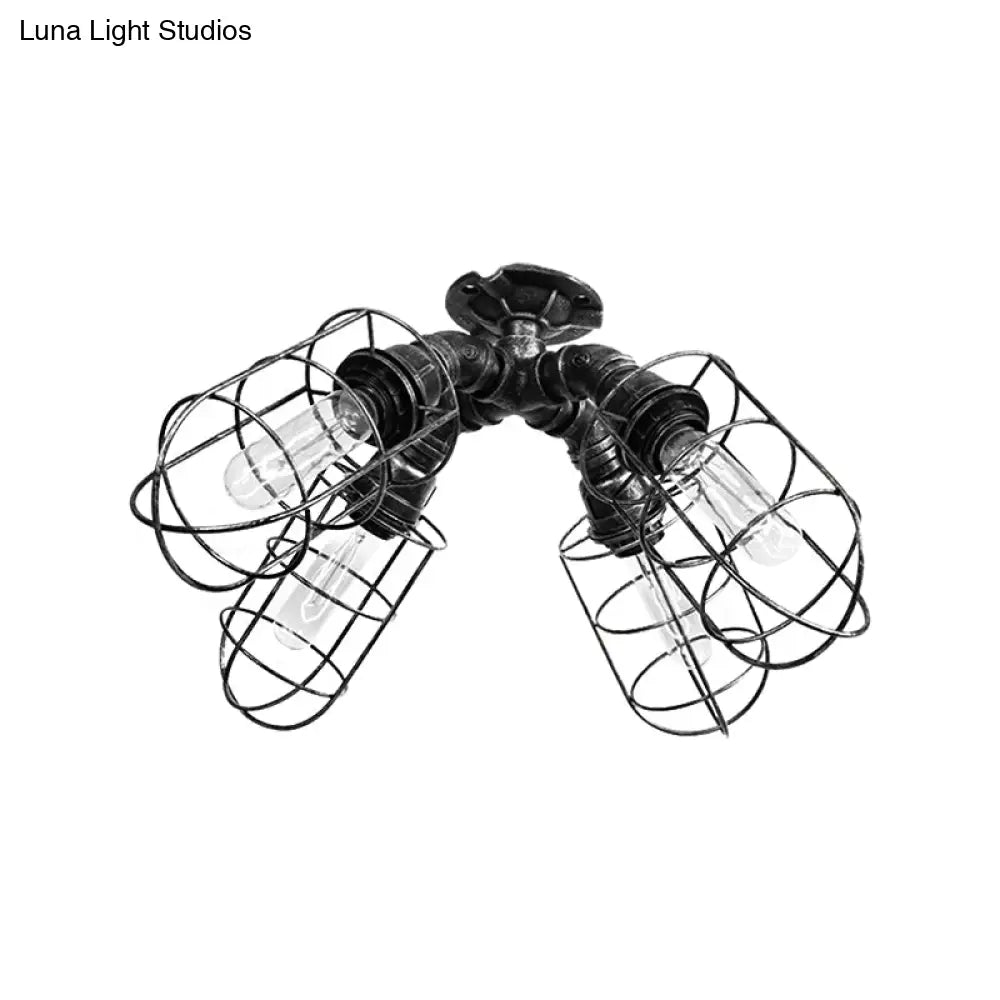 Rustic Industrial Caged Bedroom Ceiling Fixture - Semi-Flush Mount With Pipe Design Bronze/Aged