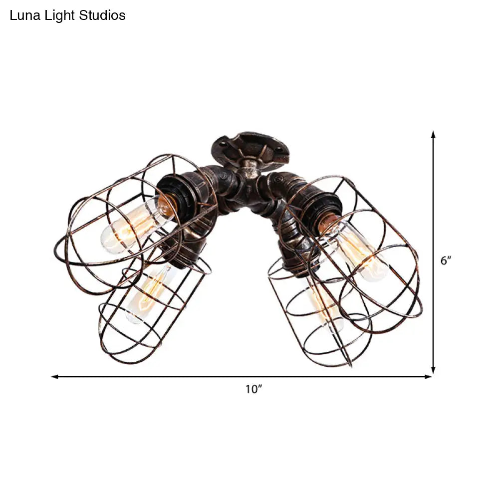 Rustic Industrial Caged Bedroom Ceiling Fixture - Semi-Flush Mount With Pipe Design Bronze/Aged
