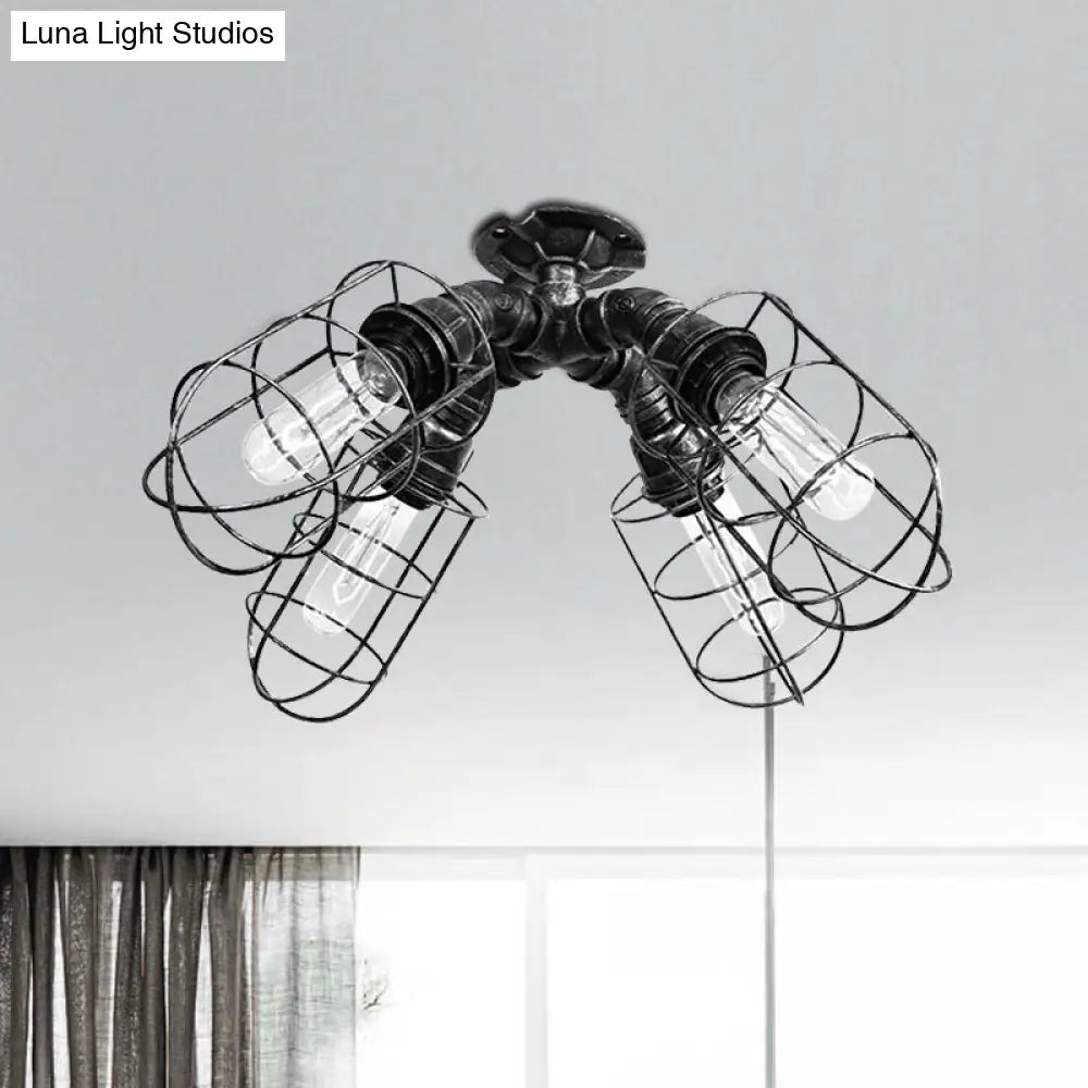 Rustic Industrial Caged Bedroom Ceiling Fixture - Semi-Flush Mount With Pipe Design Bronze/Aged