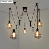 Rustic Iron 5-Light Black Pulley Swag Pendant - Ball-Shape Multi Ceiling Light For Restaurants