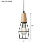 Rustic Iron Cage/Barn/Pot Shaped Pendant Light With Wood Socket - Black 1-Bulb Perfect For