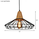 Rustic Iron Cage/Barn/Pot Shaped Pendant Light With Wood Socket - Black 1-Bulb Perfect For