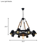Rustic Iron Cylinder Chandelier With 9 Black Rope Heads And Gear Deco For Living Room Ceiling