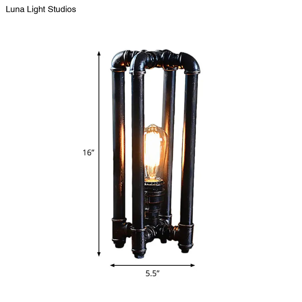 Rustic Iron Table Lamp With Rectangle Cage Design - Black Finish Plug In 1 Light Ideal For