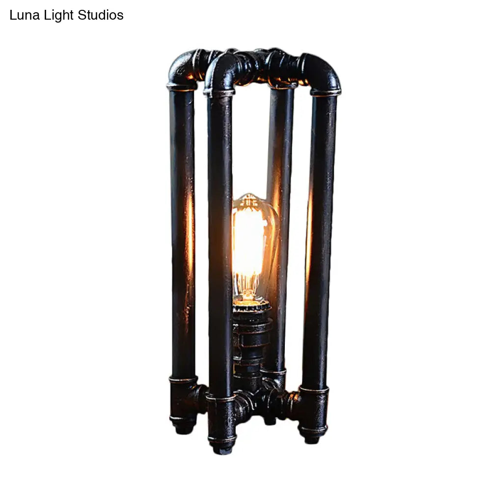 Rustic Iron Table Lamp With Rectangle Cage Design - Black Finish Plug In 1 Light Ideal For