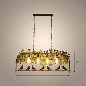 Rustic Island Ceiling Light With Cast Iron Birdcage Fixture Bird & Leaf Deco Black