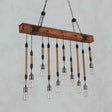 Rustic Island Light With Multiple Open Bulbs And Wooden Beam Beige