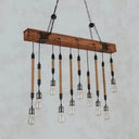 Rustic Island Light With Multiple Open Bulbs And Wooden Beam Beige