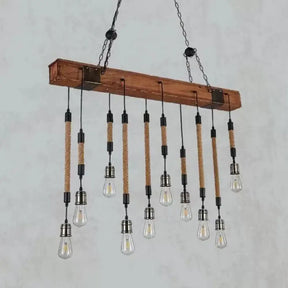 Rustic Island Light With Multiple Open Bulbs And Wooden Beam Beige