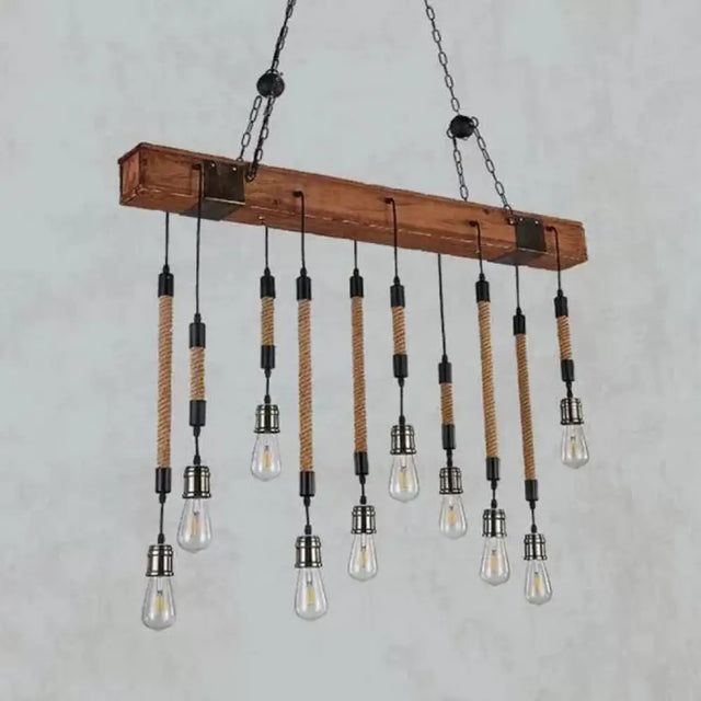 Rustic Island Light With Multiple Open Bulbs And Wooden Beam Beige