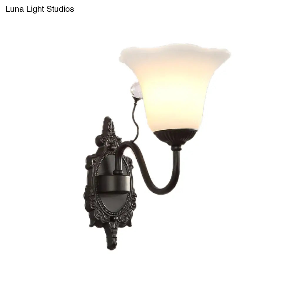 Rustic Ivory Glass Flower Wall Lamp With Crystal Accent For Hall