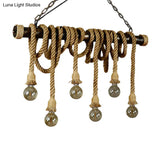Rustic Jute Rope Island Pendant Light For Wine Bar - 4/6 Lights Farmhouse Style Linear Design