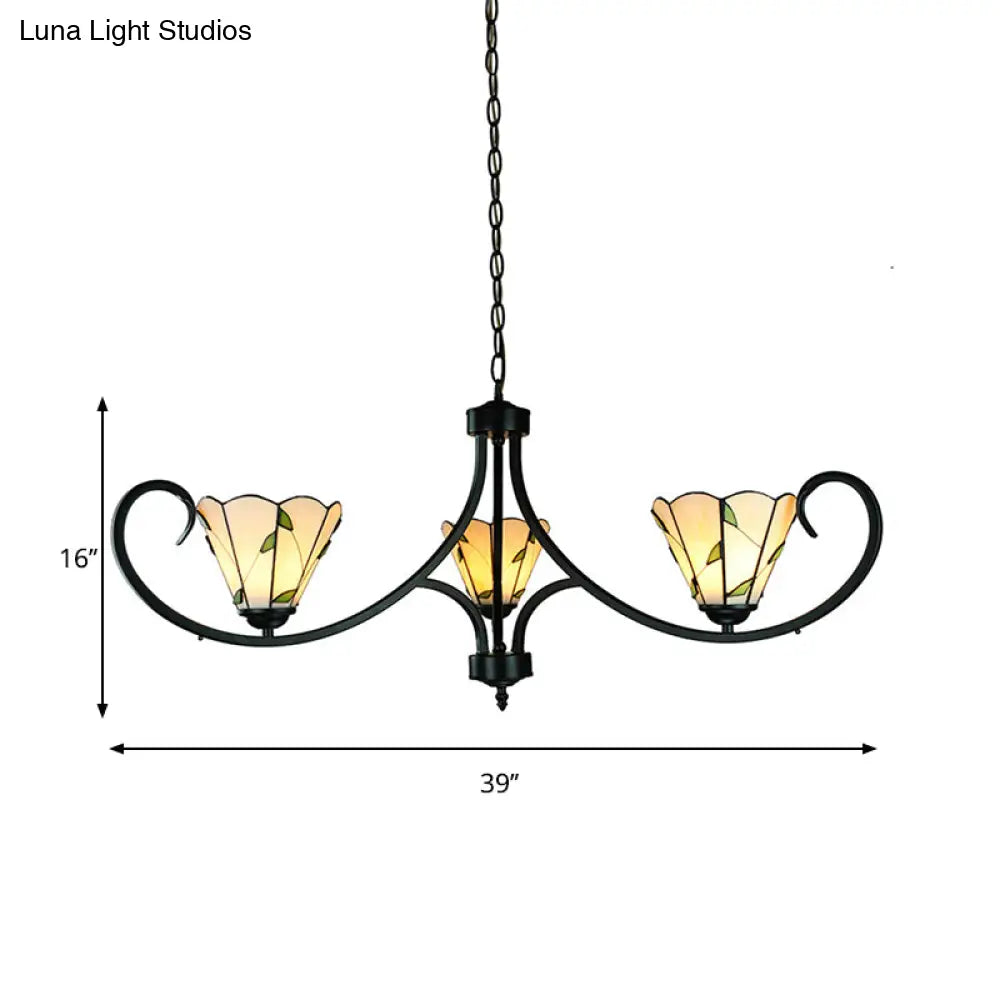 Rustic Leaf Pendant Light With Cone Shade And Adjustable Chain - 3 Beige Glass Chandelier For Foyer