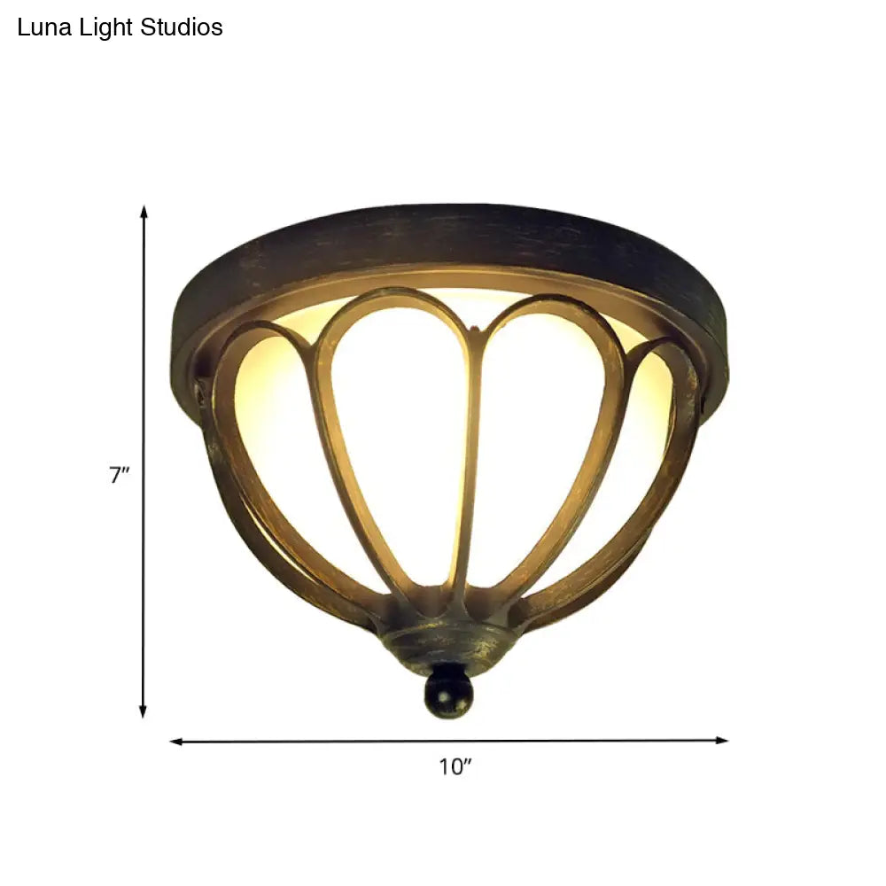 Rustic Led Ceiling Light Fixture: Cream Glass Bowl Flush Mount Lamp In Black With Metal Cage