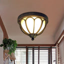 Rustic Led Ceiling Light Fixture: Cream Glass Bowl Flush Mount Lamp In Black With Metal Cage