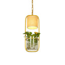 Rustic Led Pendant Light Fixture In Cylinder Shape Black/White/Gold Fabric Warm/White With Plant