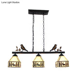 Rustic Lodge Deer Island Pendant Light With Bird Decoration - 3 Stained Glass Lights
