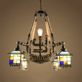 Rustic Lodge Pipe Chandelier With Multi-Light Stained Glass Suspension And Star/House Design