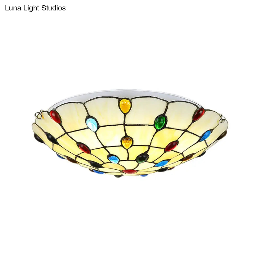Rustic Loft Stained Glass Flush Mount Light In Beige/Yellow - 12’/16’/19.5’ Diameter Bedroom