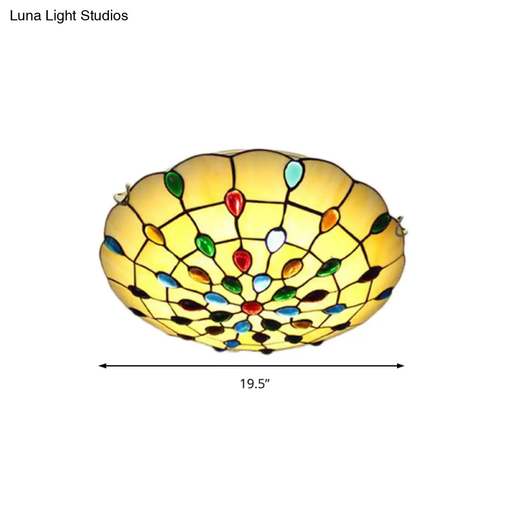 Rustic Loft Stained Glass Flush Mount Light In Beige/Yellow - 12’/16’/19.5’ Diameter Bedroom