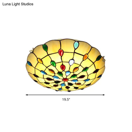 Rustic Loft Stained Glass Flush Mount Light In Beige/Yellow - 12’/16’/19.5’ Diameter Bedroom