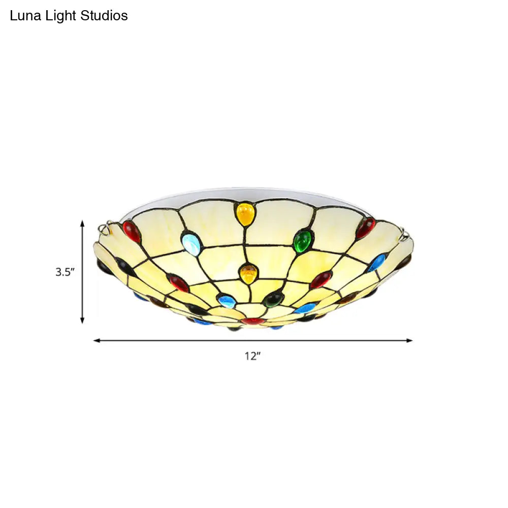 Rustic Loft Stained Glass Flush Mount Light In Beige/Yellow - 12’/16’/19.5’ Diameter Bedroom
