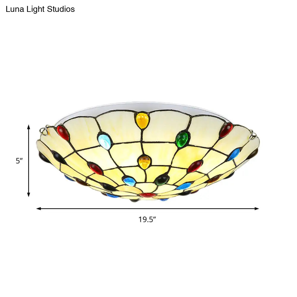 Rustic Loft Stained Glass Flush Mount Light In Beige/Yellow - 12’/16’/19.5’ Diameter Bedroom