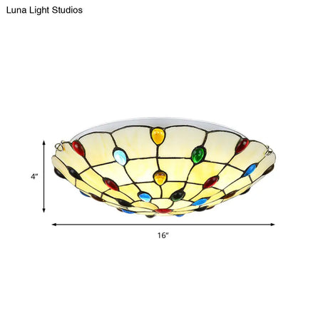 Rustic Loft Stained Glass Flush Mount Light In Beige/Yellow - 12’/16’/19.5’ Diameter Bedroom