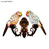 Rustic Loft Stained Glass Parrot Wall Sconce Light With 2 Heads - Brass/Bronze Finish For Foyer