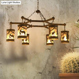 Rustic Metal And Fabric Chandelier Light With 3/6/9 Cylinder Lights Brown Pendant Lighting For