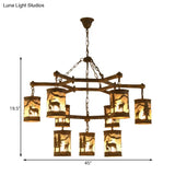 Rustic Metal And Fabric Chandelier Light With 3/6/9 Cylinder Lights Brown Pendant Lighting For