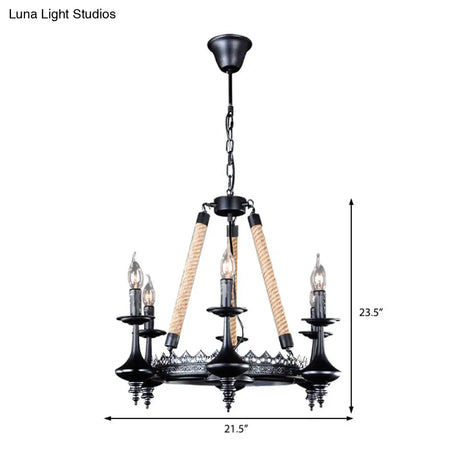 Rustic Metal And Rope Pendant Chandelier With 3/6/8 Lights - Black Candle Dining Room Hanging