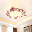Rustic Metal Bowl Ceiling Lamp With Flower Decor - Flush Mount Light Fixture For Dining Room White