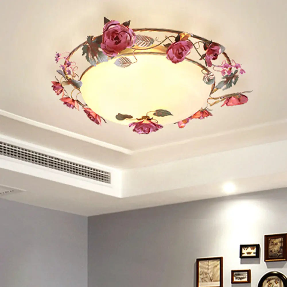 Rustic Metal Bowl Ceiling Lamp With Flower Decor - Flush Mount Light Fixture For Dining Room White