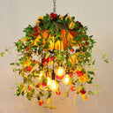 Rustic Metal Dome Chandelier - Orange 5-Bulb Pendant Lighting With Artful Floral And Leaf Design