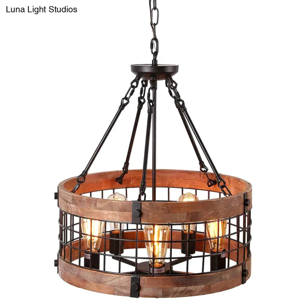 Rustic Metal Grid Cage Drum Chandelier: Brown Suspension Pendant Light For Dining Room