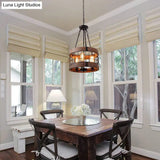 Rustic Metal Grid Cage Drum Chandelier: Brown Suspension Pendant Light For Dining Room