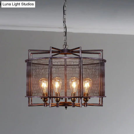 Rustic Metal Mesh Drum Chandelier - Loft Farmhouse Hanging Lamp