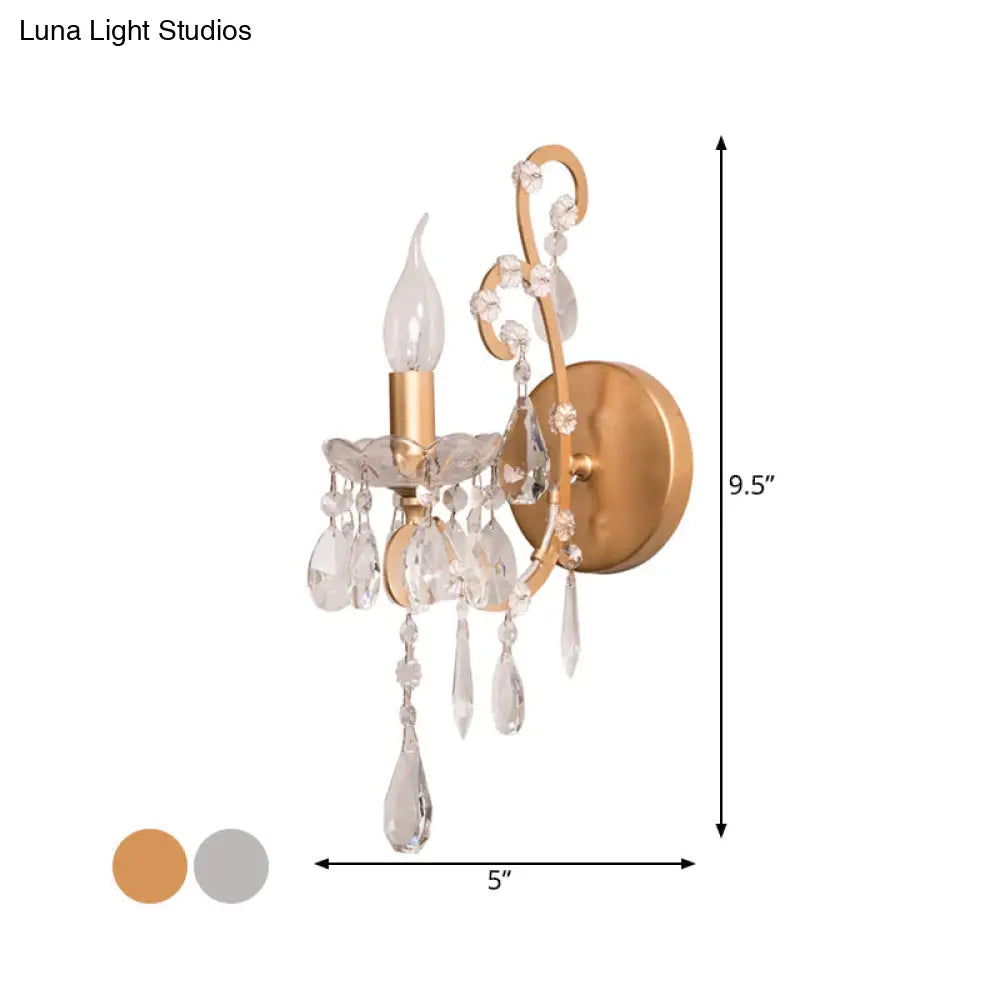 Rustic Metal Sconce Light: Candle-Style Wall Lighting Fixture With Crystal Droplet - Silver/Gold
