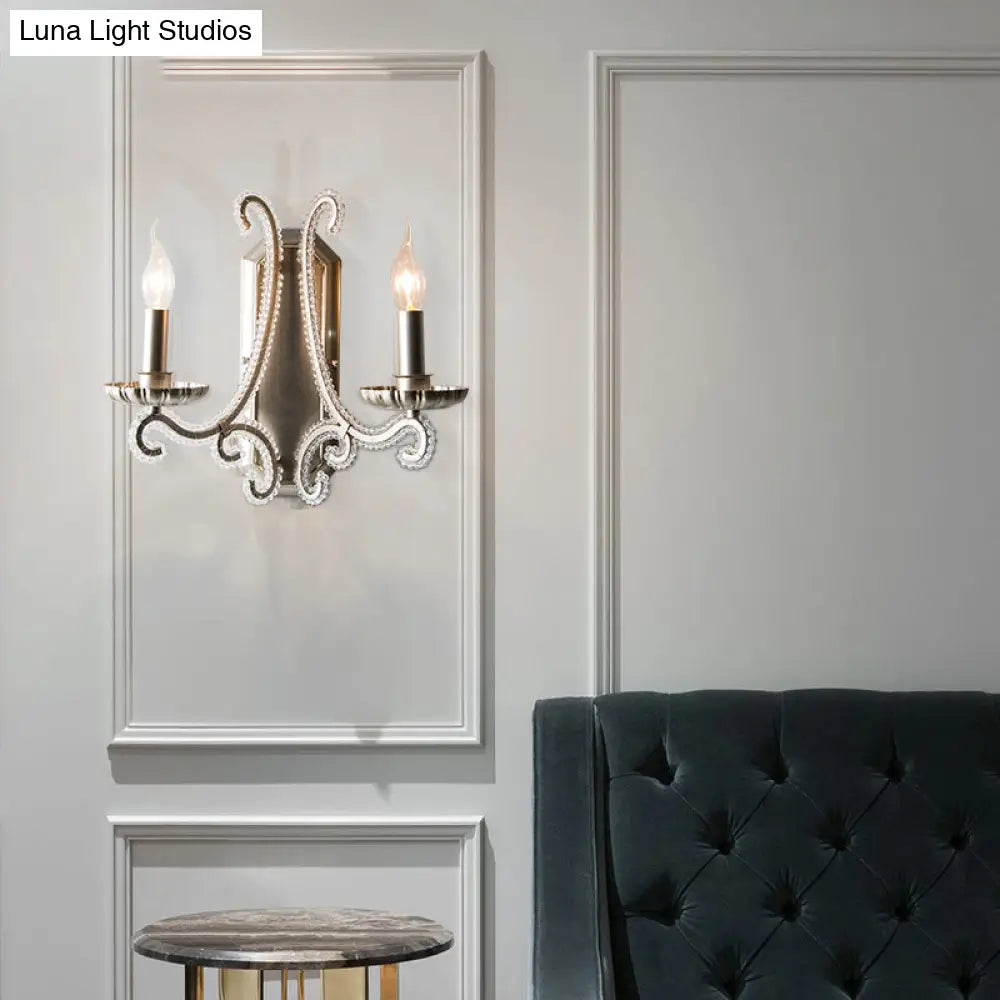 Rustic Metal Wall Mounted Sconce With Crystal Bead Accent - Bedside Candle Light Fixture