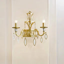 Rustic Metal Wall Sconce With Teardrop Crystal - 2 Lights Brass