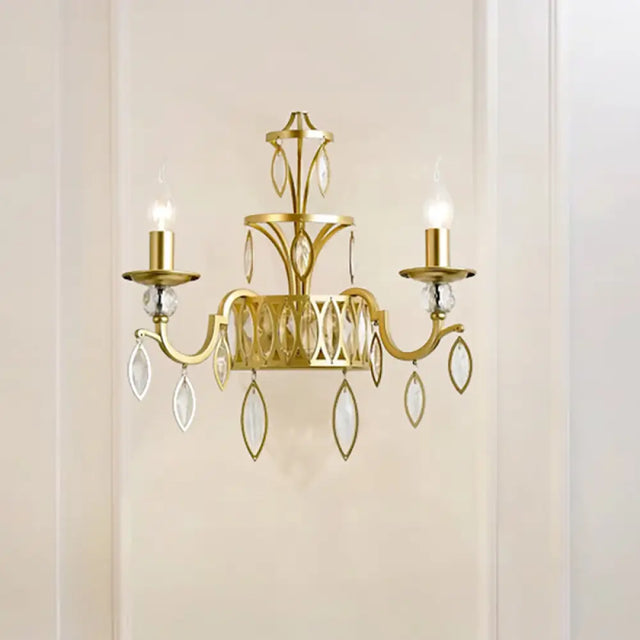 Rustic Metal Wall Sconce With Teardrop Crystal - 2 Lights Brass