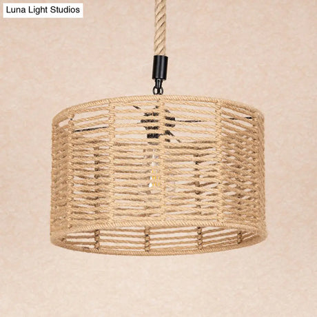 Rustic Natural Rope Drum Pendant Ceiling Lamp With 1 Bulb - Brown Finish | Perfect For Restaurants