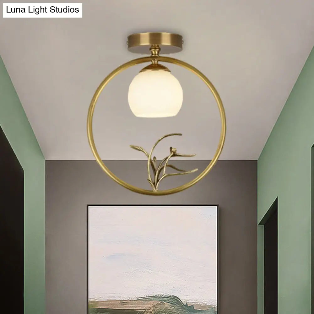 Rustic Opal Glass & Brass Ceiling Lamp With Peacock Decor