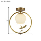 Rustic Opal Glass & Brass Ceiling Lamp With Peacock Decor