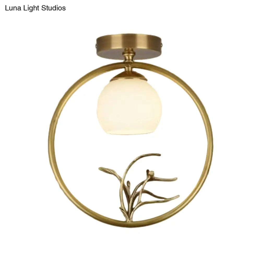 Rustic Opal Glass & Brass Ceiling Lamp With Peacock Decor