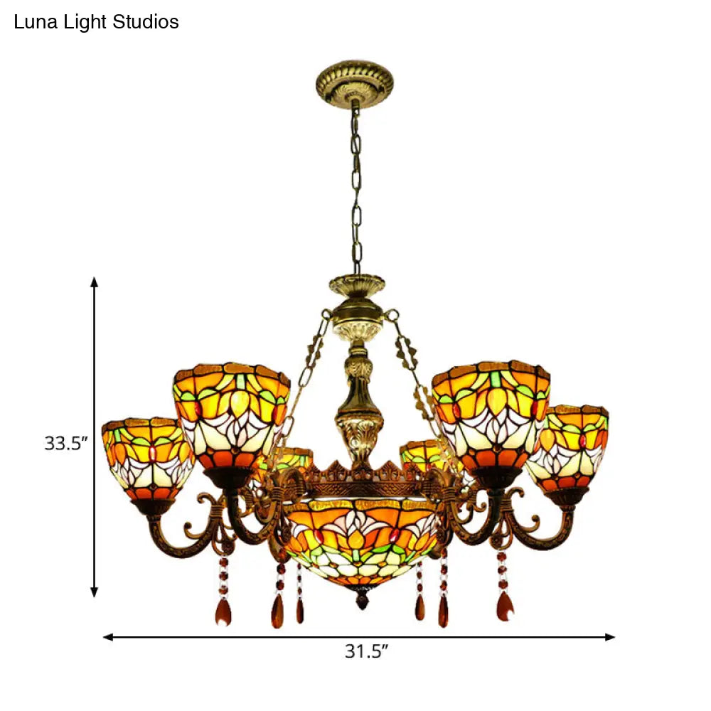 Rustic Orange Tiffany Chandelier With Flower Stained Glass And Agate Pendant For Living Room