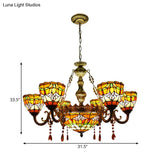 Rustic Orange Tiffany Chandelier With Flower Stained Glass And Agate Pendant For Living Room